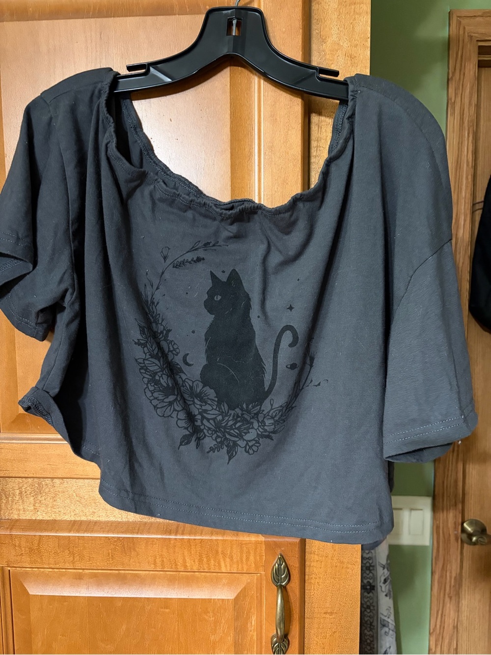 Black Crop Top with Cat Graphic
